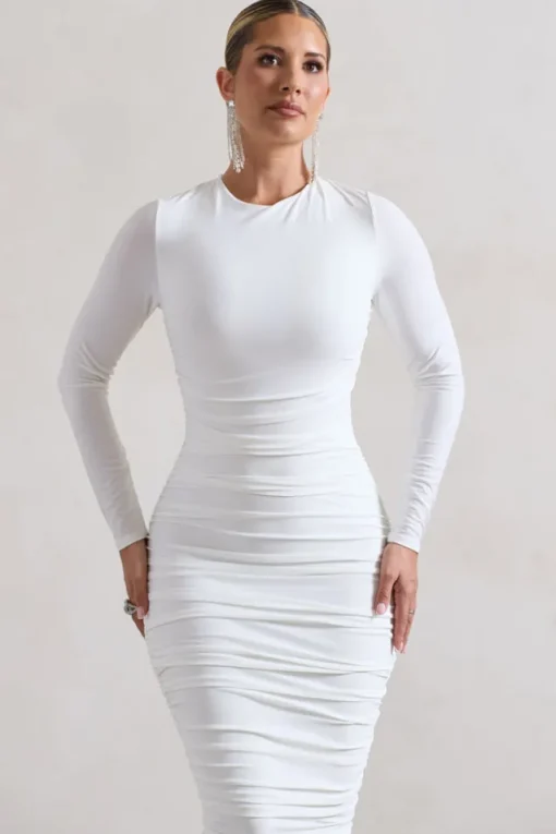 Emilie | White Ruched Long-Sleeve Midi Dress