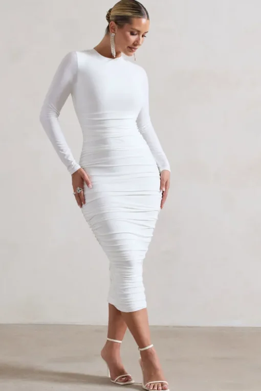 Emilie | White Ruched Long-Sleeve Midi Dress