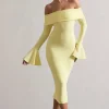 Emma | Lemon Bardot Flared-Sleeve Midi Dress