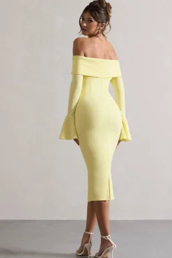 Emma | Lemon Bardot Flared-Sleeve Midi Dress