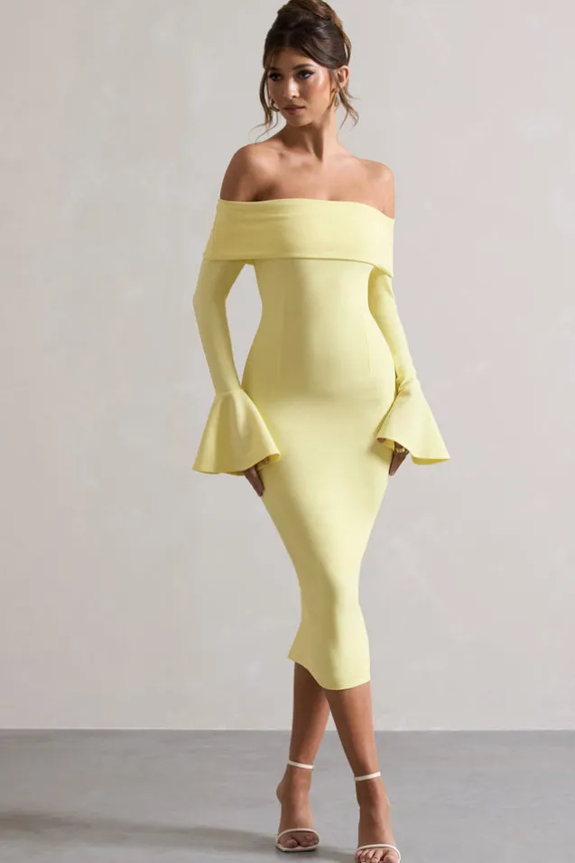 Emma | Lemon Bardot Flared-Sleeve Midi Dress