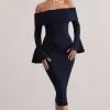 Emma | Navy Bardot Flared-Sleeve Midi Dress