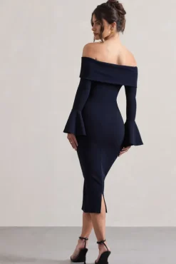 Emma | Navy Bardot Flared-Sleeve Midi Dress