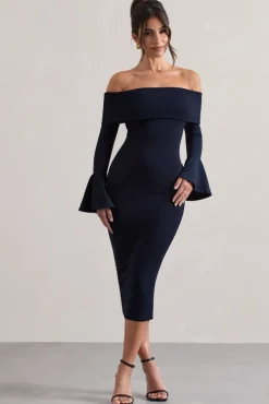 Emma | Navy Bardot Flared-Sleeve Midi Dress