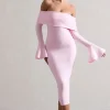 Emma | Pink Bardot Flared-Sleeve Midi Dress