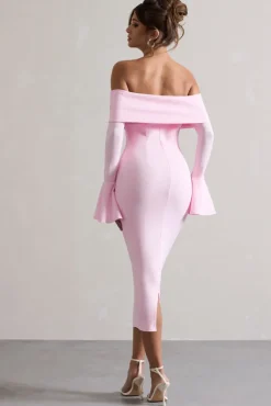 Emma | Pink Bardot Flared-Sleeve Midi Dress