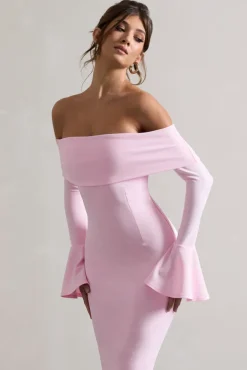Emma | Pink Bardot Flared-Sleeve Midi Dress