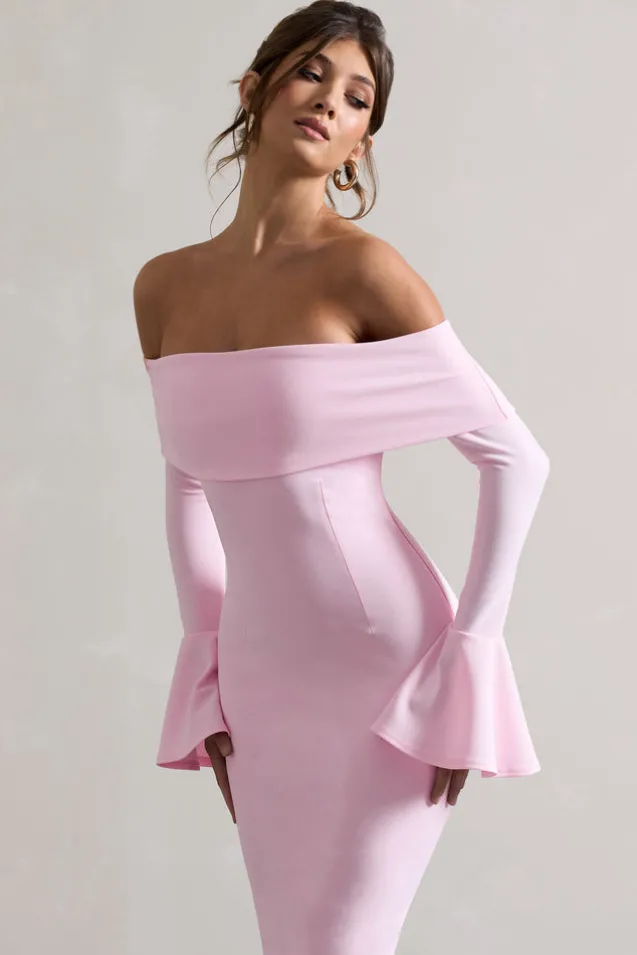 Emma | Pink Bardot Flared-Sleeve Midi Dress