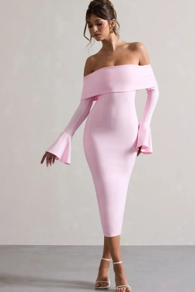 Emma | Pink Bardot Flared-Sleeve Midi Dress