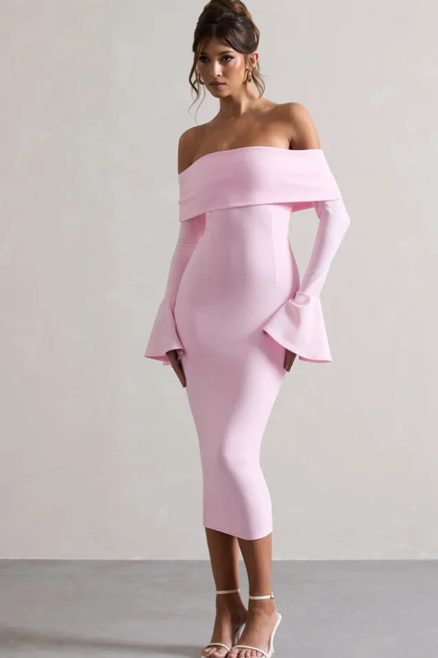 Emma | Pink Bardot Flared-Sleeve Midi Dress