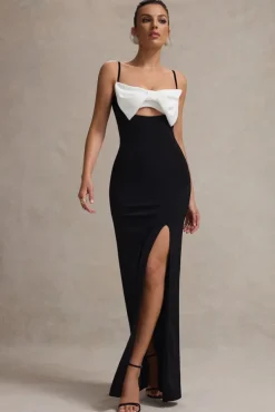Emmalou | Black u0026 White Strappy Split Maxi Dress With Bow