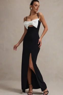 Emmalou | Black u0026 White Strappy Split Maxi Dress With Bow