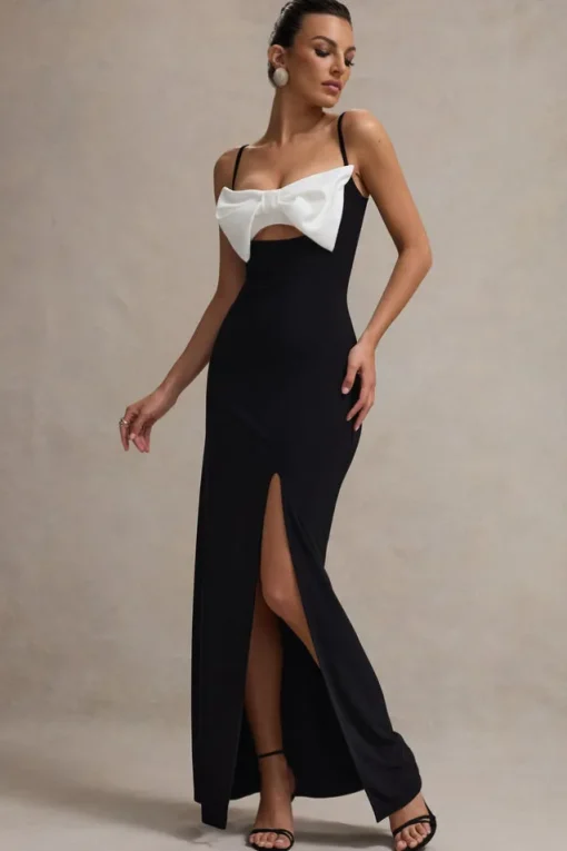 Emmalou | Black u0026 White Strappy Split Maxi Dress With Bow