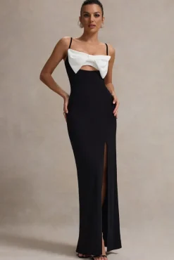 Emmalou | Black u0026 White Strappy Split Maxi Dress With Bow