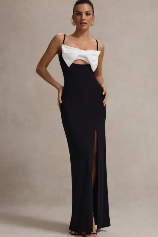 Emmalou | Black u0026 White Strappy Split Maxi Dress With Bow