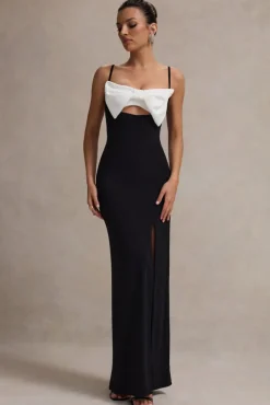 Emmalou | Black u0026 White Strappy Split Maxi Dress With Bow