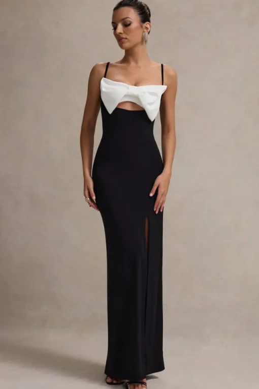 Emmalou | Black u0026 White Strappy Split Maxi Dress With Bow