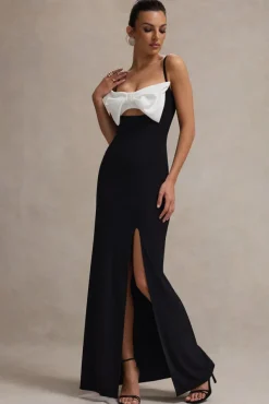 Emmalou | Black u0026 White Strappy Split Maxi Dress With Bow