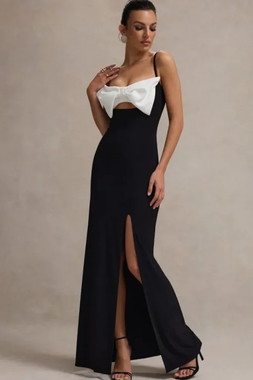 Emmalou | Black u0026 White Strappy Split Maxi Dress With Bow