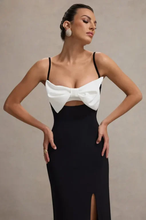 Emmalou | Black u0026 White Strappy Split Maxi Dress With Bow