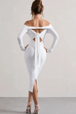 Emmeline | White Jacquard Bardot Midi Dress