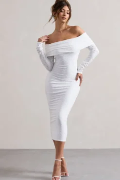 Emmeline | White Jacquard Bardot Midi Dress