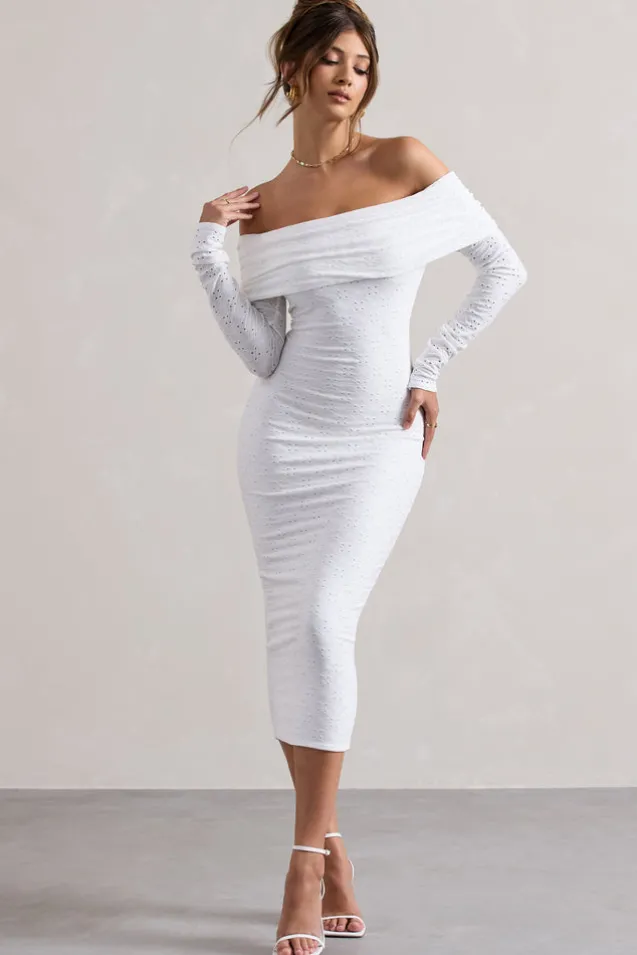 Emmeline | White Jacquard Bardot Midi Dress
