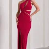 Emmy | Red One Shoulder Cut-Out Split Maxi Dress