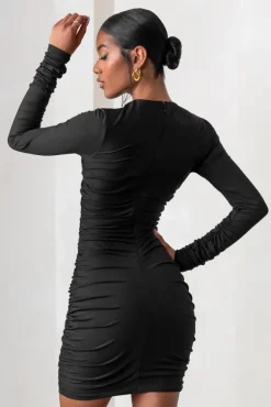 Empowered | Black High Neck Long Sleeves Zip Detail Mini Dress