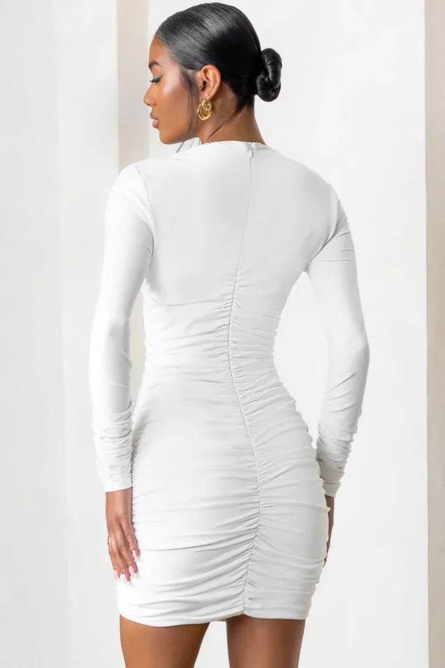 Empowered | White High Neck Long Sleeves Zip Detail Mini Dress