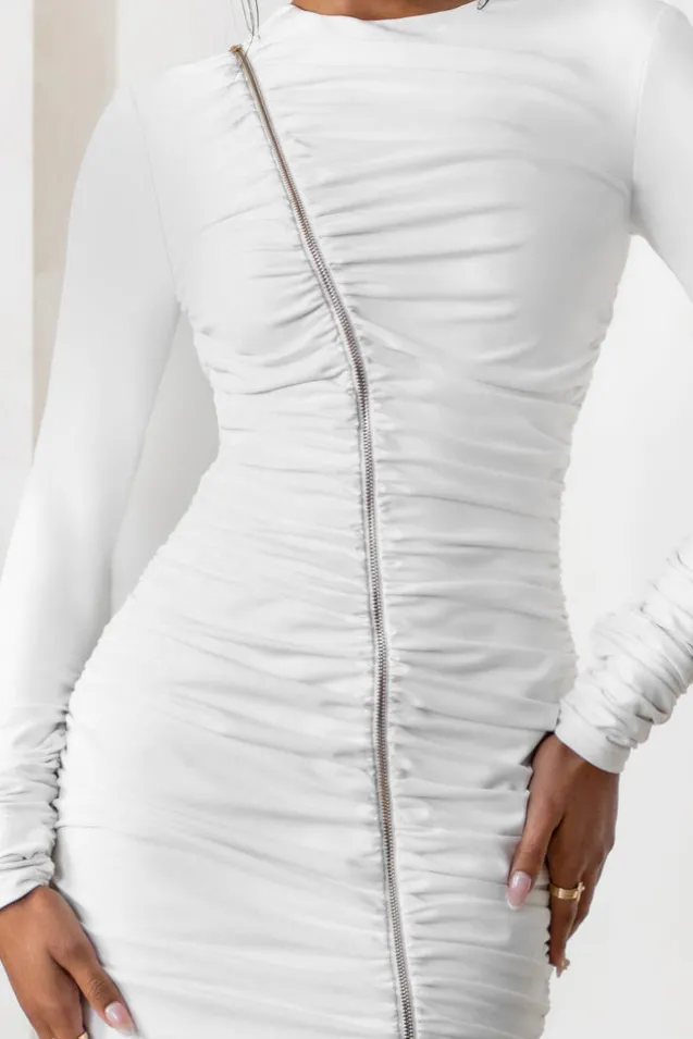 Empowered | White High Neck Long Sleeves Zip Detail Mini Dress
