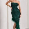 Emulate | Bottle Green Sequin Asymmetric Bandeau Maxi Dress With Feathers