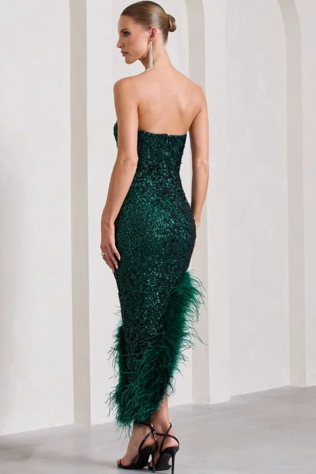 Emulate | Bottle Green Sequin Asymmetric Bandeau Maxi Dress With Feathers
