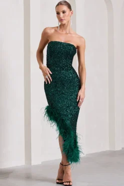 Emulate | Bottle Green Sequin Asymmetric Bandeau Maxi Dress With Feathers