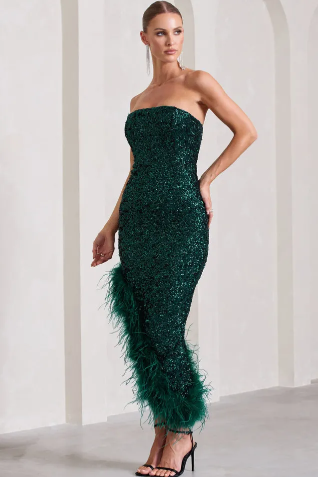Emulate | Bottle Green Sequin Asymmetric Bandeau Maxi Dress With Feathers