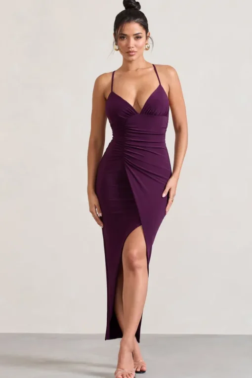Enamour | Plum Strappy Plunge-Neck Wrap Maxi Dress