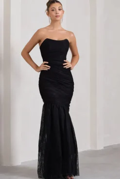 Encapsulate | Black Lace Ruched Strapless Fishtail Maxi Dress