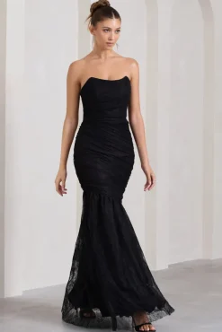 Encapsulate | Black Lace Ruched Strapless Fishtail Maxi Dress