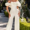 Enchanted | Ivory Puff Bardot Wide Leg Jumpsuit