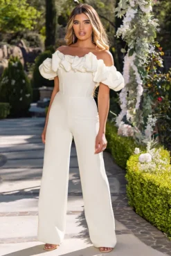 Enchanted | Ivory Puff Bardot Wide Leg Jumpsuit
