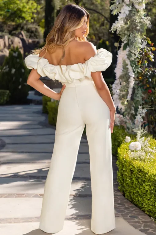 Enchanted | Ivory Puff Bardot Wide Leg Jumpsuit