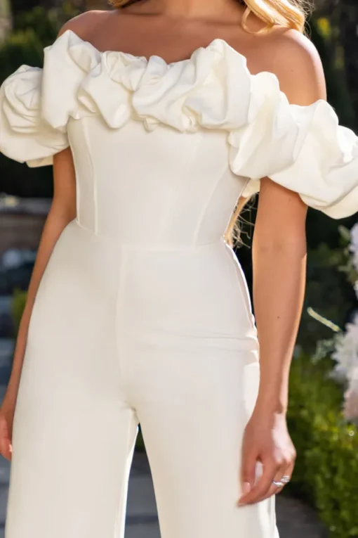 Enchanted | Ivory Puff Bardot Wide Leg Jumpsuit