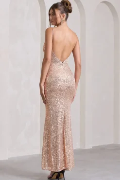 Enchanting | Champagne Sequin Open-Back Fishtail Maxi Dress With Split