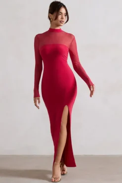 Enchantress | Red High-Neck Split Maxi Dress With Mesh Sleeves