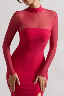 Enchantress | Red High-Neck Split Maxi Dress With Mesh Sleeves