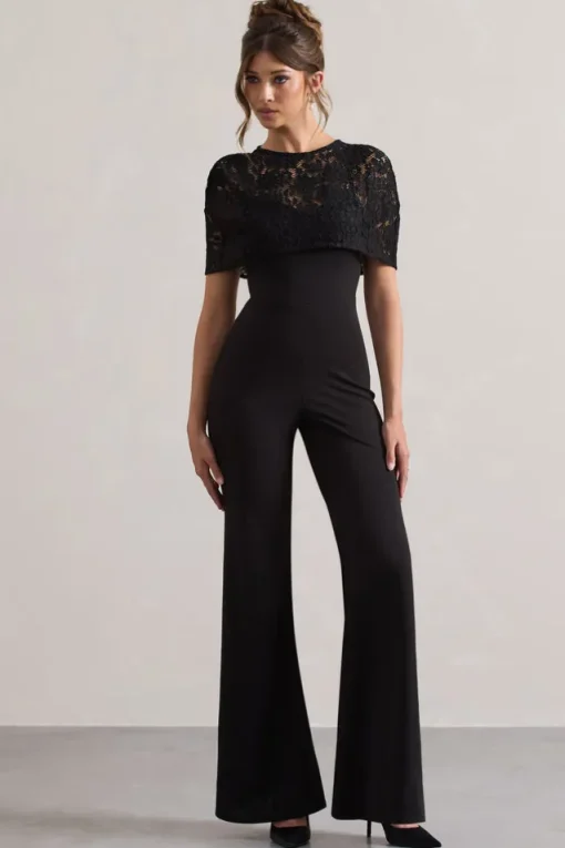 Endless | Black Flared-Leg Jumpsuit With Lace Overlay