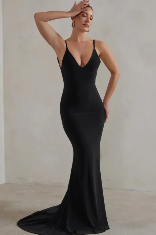 Endless Love | Black Backless Knot Detail Fishtail Maxi Dress