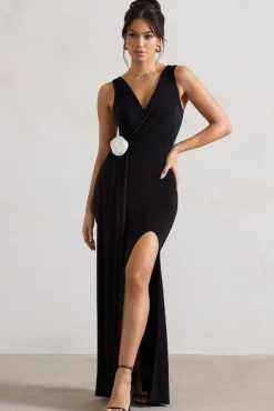 Endora | Black Split Maxi Dress With Corsage u0026 Drape