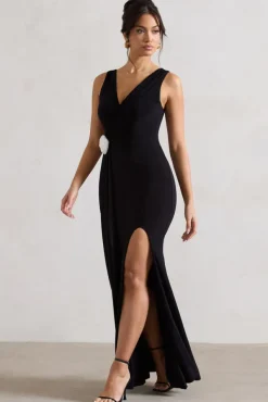 Endora | Black Split Maxi Dress With Corsage u0026 Drape