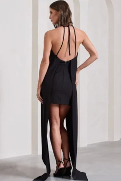Enigmatic | Black Halter-Neck Draped Mini Dress With Floral Corsage
